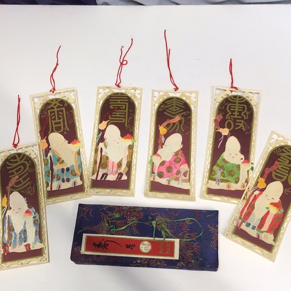 Antique Japanese handmade bookmark set satin boxed paper art box of 6 crafted - Picture 2 of 14